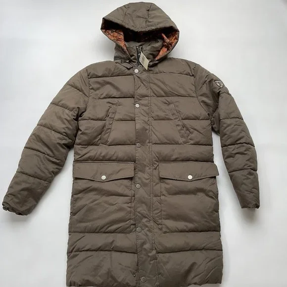 $298 Guess Men’s Alta Nylon Puffer Long Jacket With Hood In Light Brown Size XL